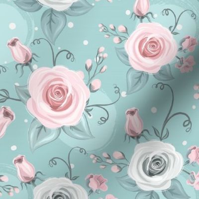 Bigger Cottage Rose Floral Pink and White Roses on Aqua