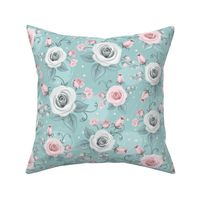 Bigger Cottage Rose Floral Pink and White Roses on Aqua