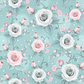 Bigger Scale Cottage Rose Floral Pink and White Roses on Aqua