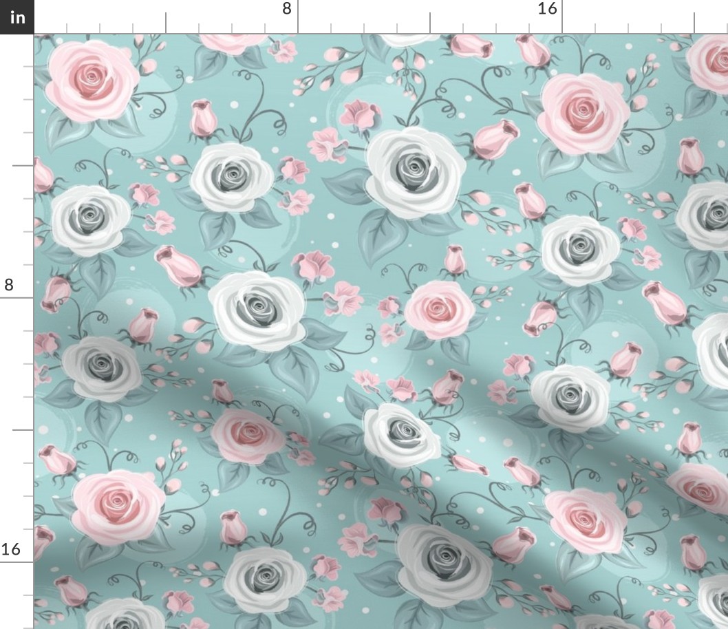 Bigger Cottage Rose Floral Pink and White Roses on Aqua