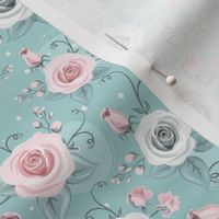 Smaller Cottage Rose Floral Pink and White Roses on Aqua