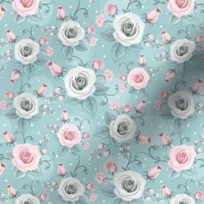 Smaller Cottage Rose Floral Pink and White Roses on Aqua