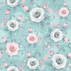 Smaller Scale Cottage Rose Floral Pink and White Roses on Aqua