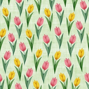 Large Red and Yellow Easter Tulips on Spring Green Linen Texture