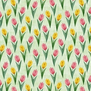 Small Red and Yellow Easter Tulips on Spring Green Linen Texture