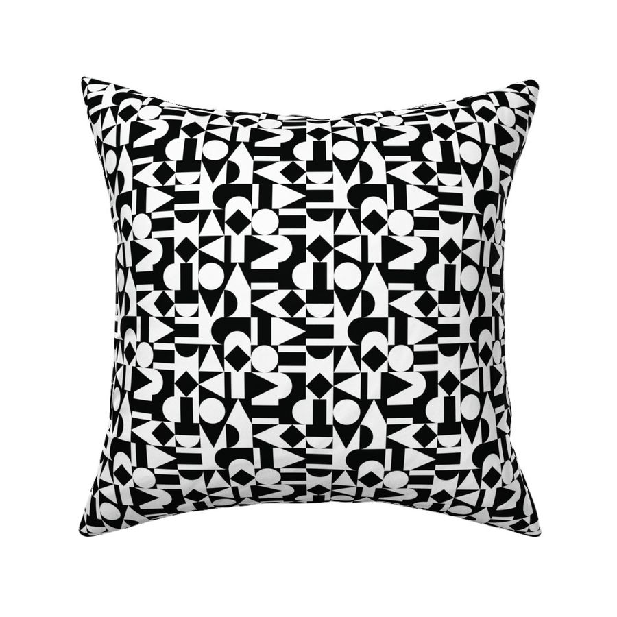 Abstract Geometric Composition Black and White Shapes on Checkered 