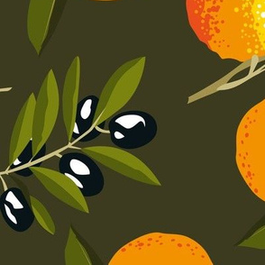 oranges and olives on dark green - jumbo size