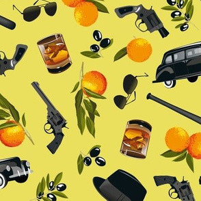 oranges, olives and vintage crime on lime