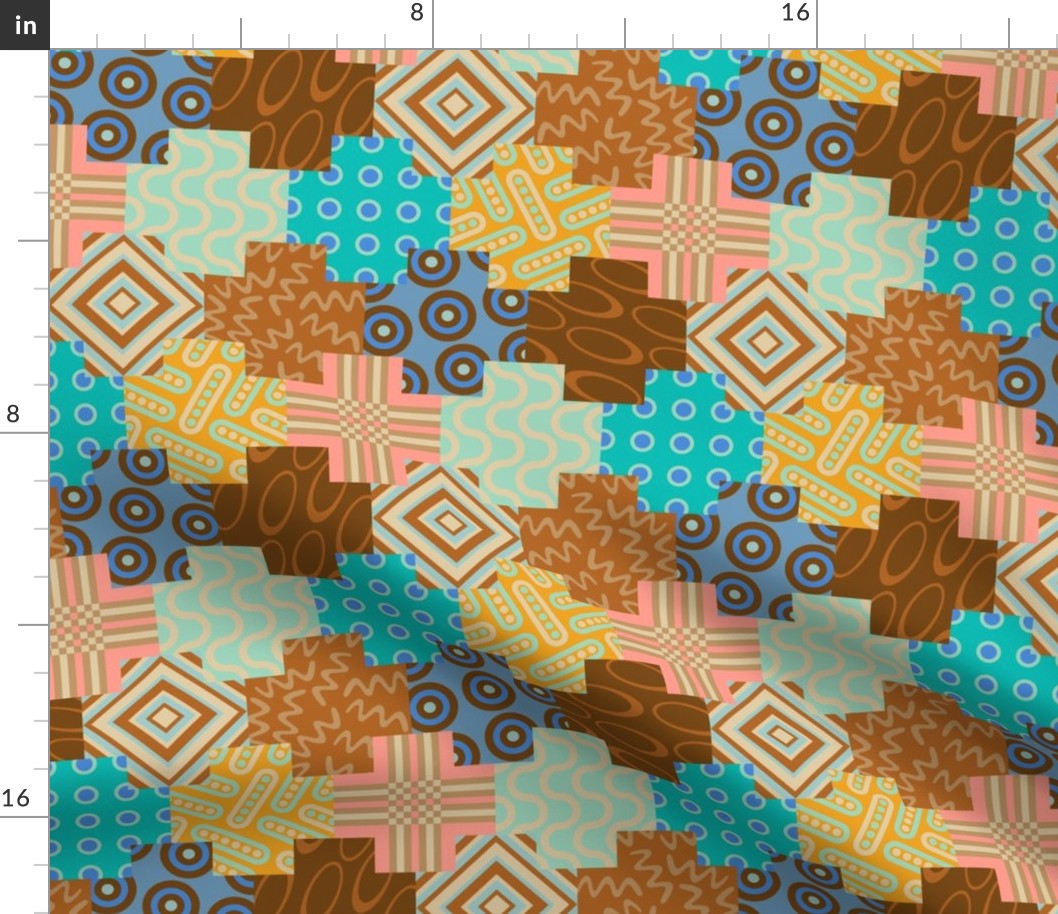 Palm Canyon - Geometric Patchwork Design - SMALL Scale - in Desert Colours of Pink Brown Turquoise Yellow Blue