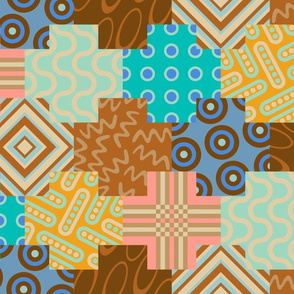Palm Canyon - Geometric Patchwork Design - LARGE Scale - in Desert Colours of Pink Brown Turquoise Yellow Blue