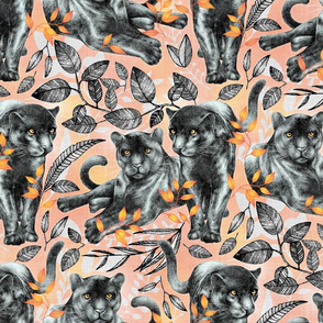 Luminous Panther Pals framed in metallic botanical details in pale coral 