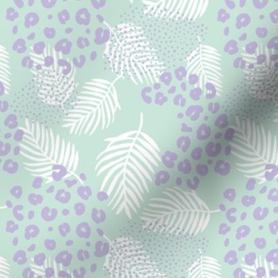 Palm leaves and animal leopard spots wild panther boho summer mint green soft pastel lilac purple