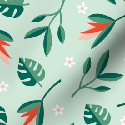 Birds of paradise jungle island leaves wild green blossom flowers tropical summer design for kids mint green red