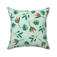 Birds of paradise jungle island leaves wild green blossom flowers tropical summer design for kids mint green red