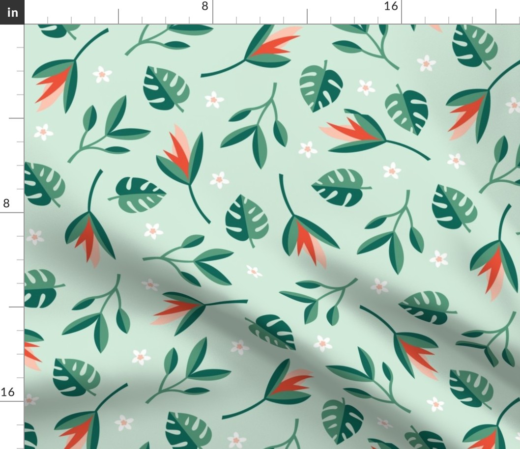 Birds of paradise jungle island leaves wild green blossom flowers tropical summer design for kids mint green red