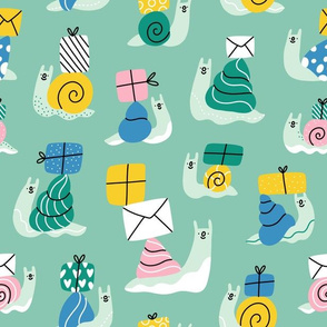 Cute cartoon snail mail pattern, medium scale