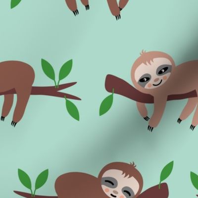Sloths in trees pastel mint green