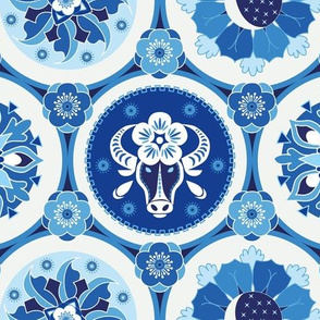 chinese zodiac ox in porcelain blue medallions | medium