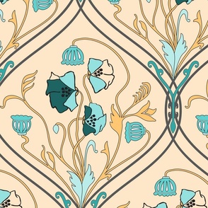 Art Nouveau Poppies-Yellow and Teal