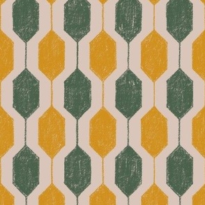 Midcentury Retro Hexagons in Spruce Green and Rich Gold on Cream