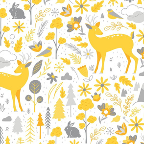 Large Woodland Forest Animals Deer Trees Floral  Yellow White Gray 