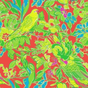 Parrot Fiesta - Green on Deep Coral Background