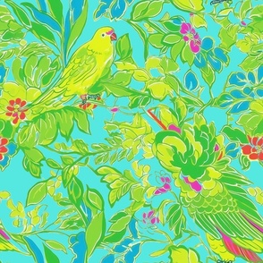 Parrot Fiesta - Green on Teal Background