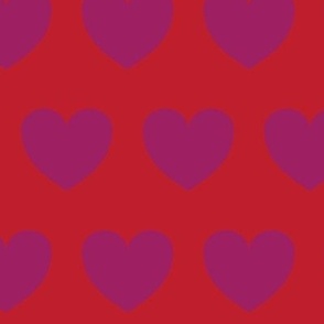 Hearts in rows - plum on red