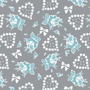 Hearts and Roses - Teal on Gray