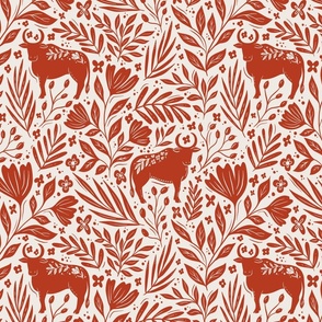 Ox in the flowers - Year of the Ox - red and cream floral - medium scale