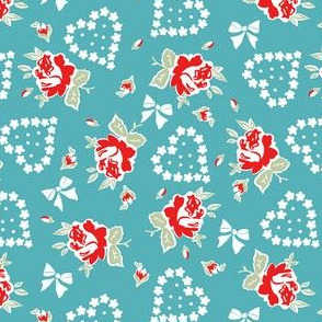 Hearts and Roses  - Red Roses on Teal 
