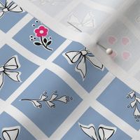 Hearts and Flowers Windowpane – Hot Pink /White on Cerulean Blue