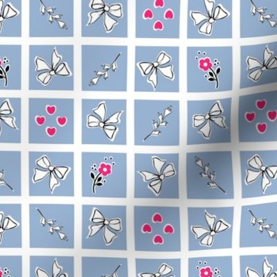 Hearts and Flowers Windowpane – Hot Pink /White on Cerulean Blue