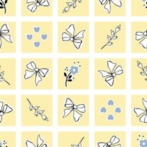 Hearts and Flowers Windowpane - Blue, White on Yellow 