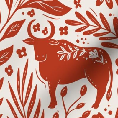 Ox in the flowers - Year of the Ox - red and cream floral - large scale