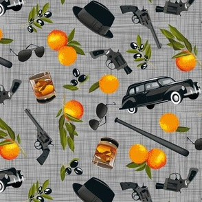 oranges, olives and vintage crime - gray linen texture