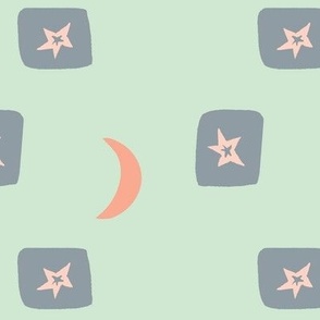 Stars and Moons -green, grey and peach.