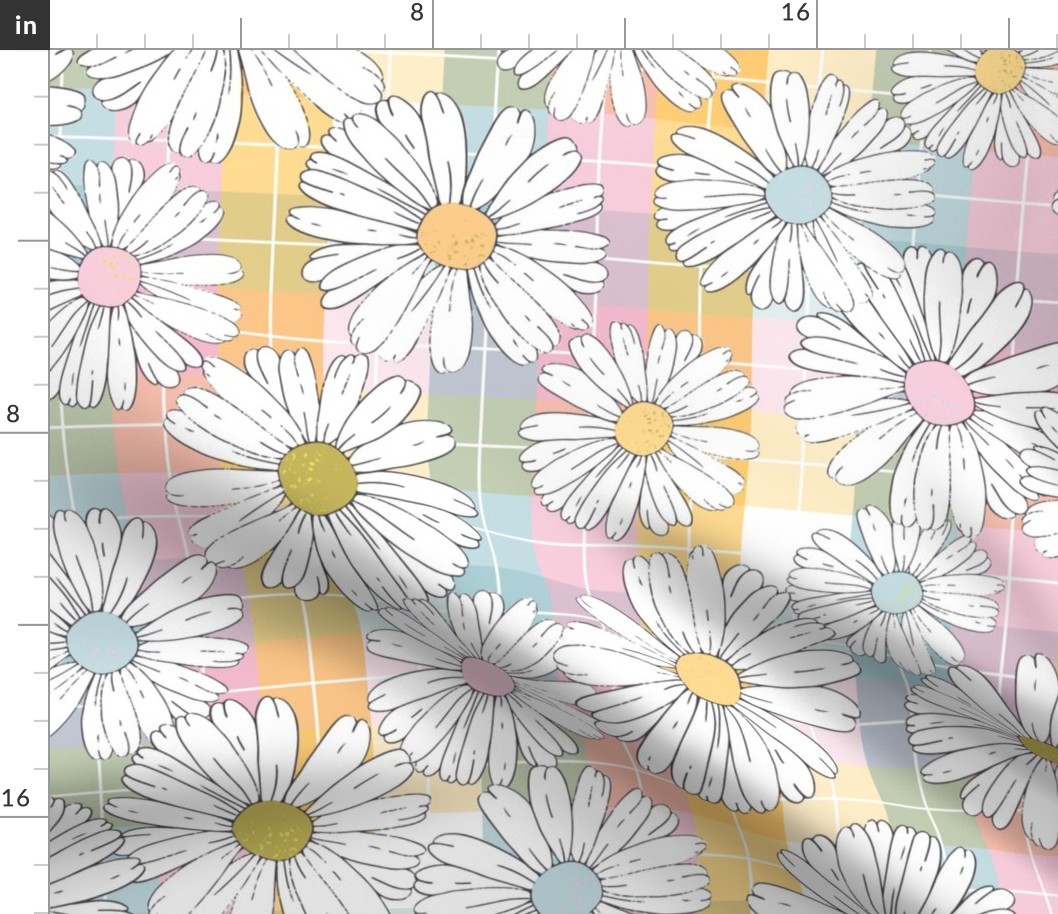 Daisies on Pastel Plaid - large scale