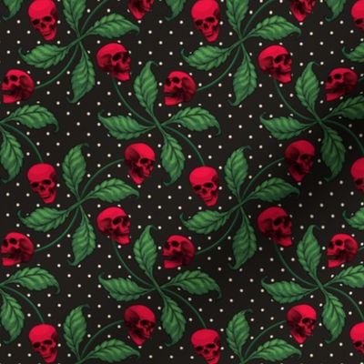 ★ ROCKABILLY CHERRY SKULL AND POLKA DOTS ★ Red + Classic Green - Medium Scale / Collection : Cherry Skull - Rock 'n' Roll Old School Tattoo Prints