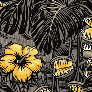 ★ TROPICAL NIGHT ★ Carnivorous Plant, Hibiscus & Monstera / Yellow + Gray, Large Scale / Collection : It’s a Jungle Out There – Savage Hawaiian Prints