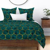 Oversized Malachite Ink Hexagons with Textured Yellow Gold Oultines 