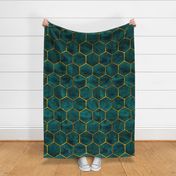 Oversized Malachite Ink Hexagons with Textured Yellow Gold Oultines 