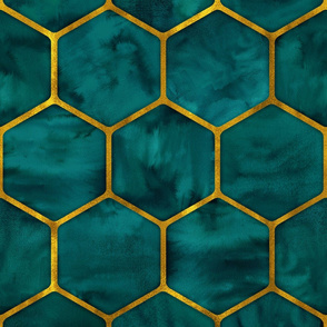 Oversized Malachite Ink Hexagons with Textured Yellow Gold Oultines 