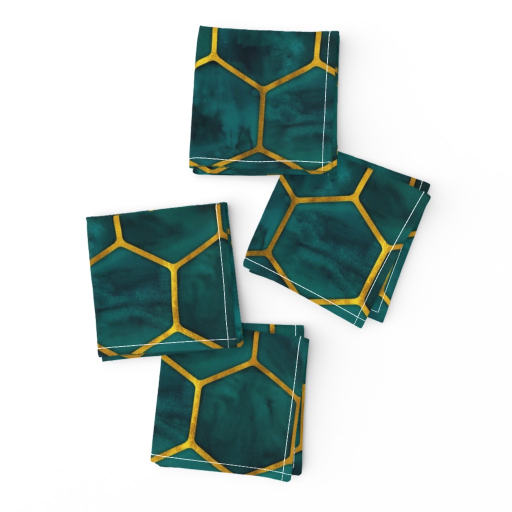 Malachite Green Ink Hexagons with Textured Yellow Gold Oultines 