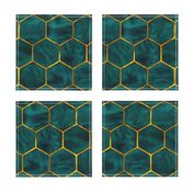 Malachite Green Ink Hexagons with Textured Yellow Gold Oultines 