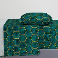 Malachite Green Ink Hexagons with Textured Yellow Gold Oultines 