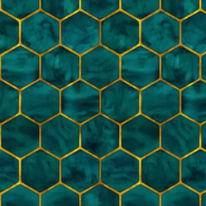 Malachite Green Ink Hexagons with Textured Yellow Gold Oultines 