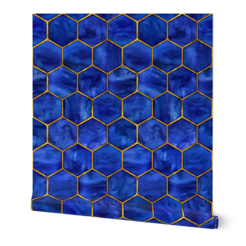 Cobalt Ink Hexagons with Textured Yellow Gold Oultines 