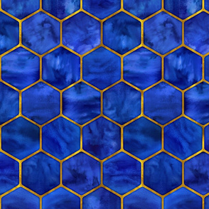 Cobalt Ink Hexagons with Textured Yellow Gold Oultines 