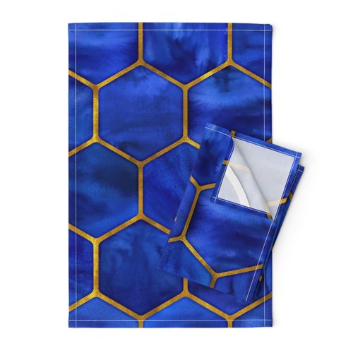 Oversized Cobalt Ink Hexagons with Textured Yellow Gold Oultines 